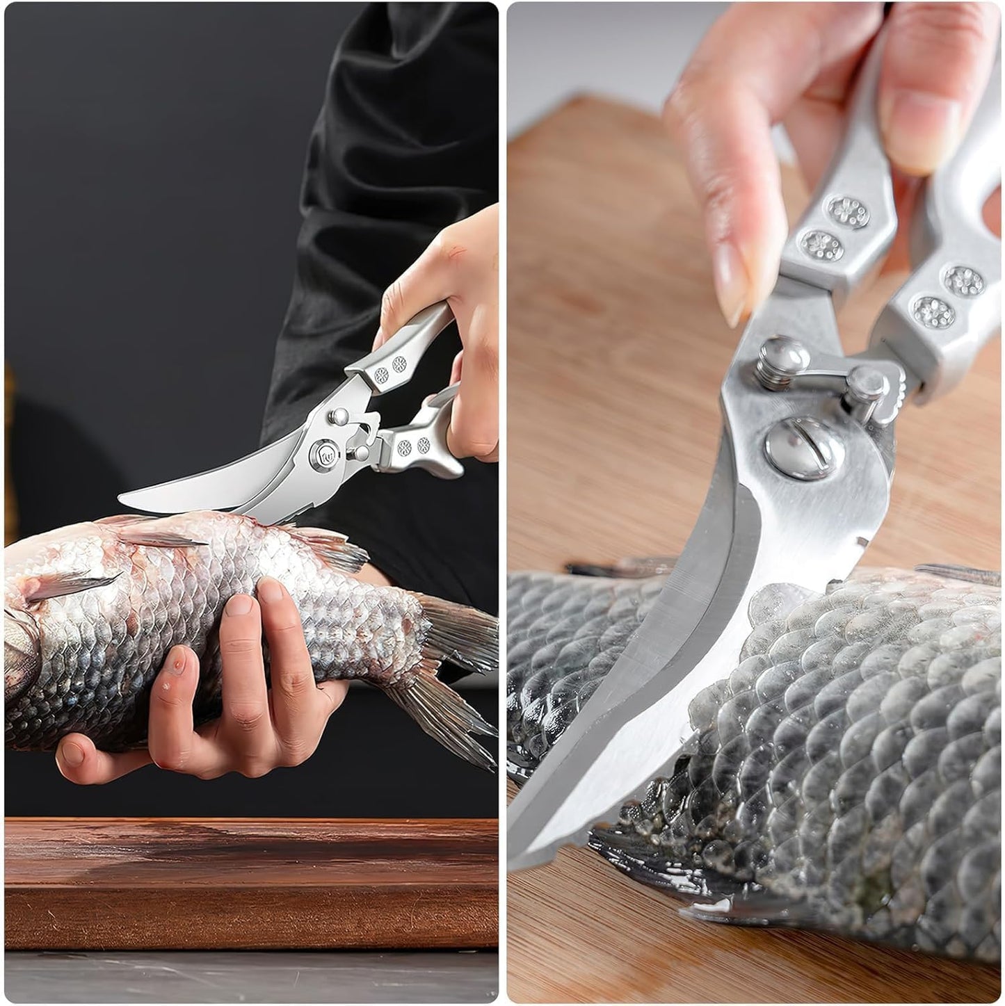 Heavy Duty Stainless Steel Kitchen Shears – Poultry Scissors; suitable for bone, meat, chicken, fish, turkey, and vegetables; spring-loaded, multi-functional, ultra-sharp, and practical