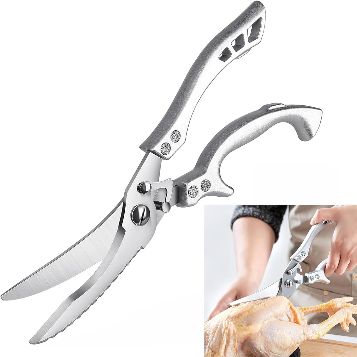 Heavy Duty Stainless Steel Kitchen Shears – Poultry Scissors; suitable for bone, meat, chicken, fish, turkey, and vegetables; spring-loaded, multi-functional, ultra-sharp, and practical