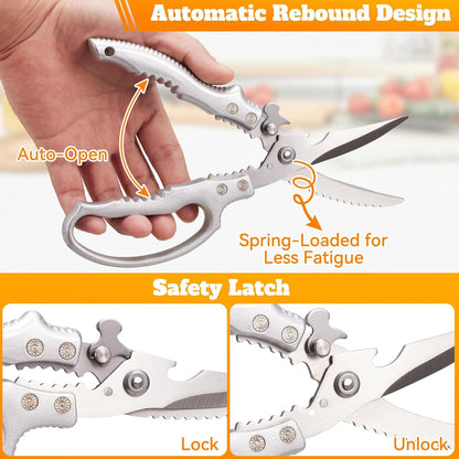 Heavy Duty Kitchen Scissors, Razor Sharp Poultry Shears for Chicken & Bones | Spring-Loaded Kitchen Shears, Multi-Purpose, for Turkey, Meat, Fish, Lobster, Crab, 3Cr13 Steel Blade,Dishwasher Safe