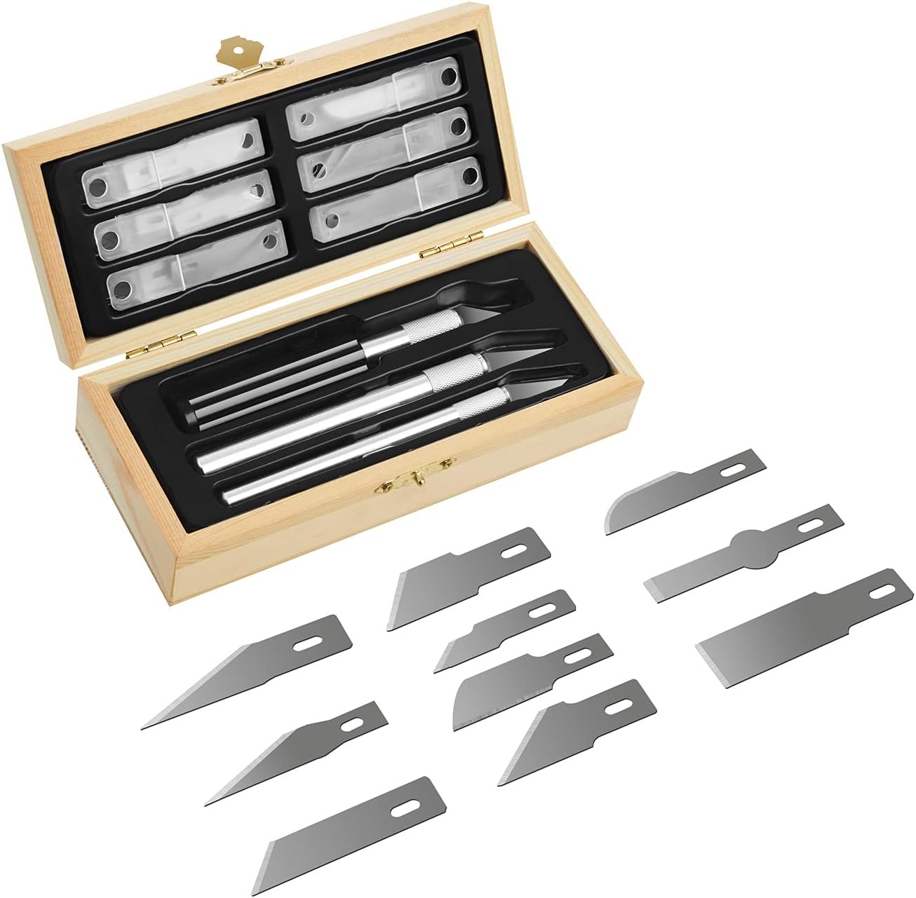 Precision Craft Hobby Knife Set (38pcs) with Wooden Chest, Razor Sharp Knives for Scrapbooking, Art Modeling, Sculpture, Wood&Leather Working- Fine Point, Scoring, Chiseling Blades