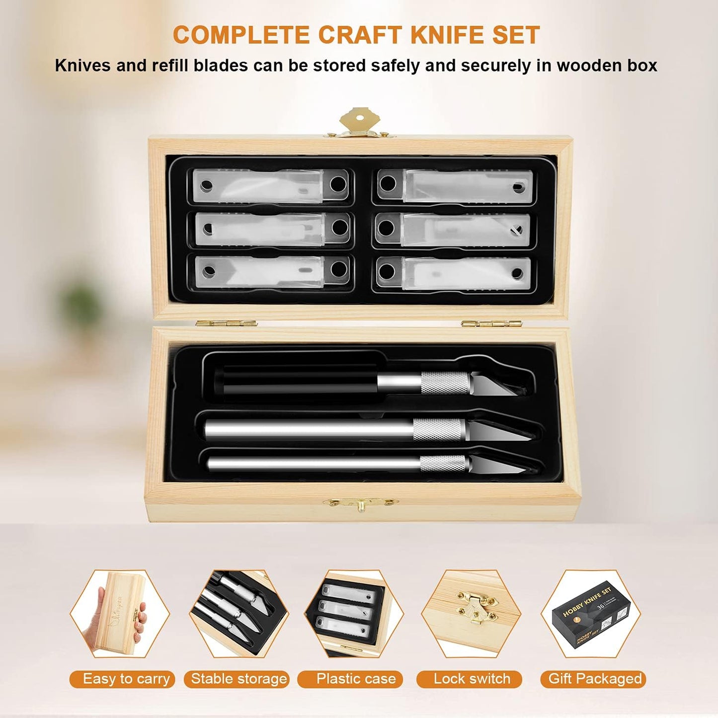 Precision Craft Hobby Knife Set (38pcs) with Wooden Chest, Razor Sharp Knives for Scrapbooking, Art Modeling, Sculpture, Wood&Leather Working- Fine Point, Scoring, Chiseling Blades