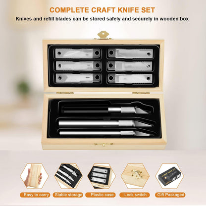 Precision Craft Hobby Knife Set (38pcs) with Wooden Chest, Razor Sharp Knives for Scrapbooking, Art Modeling, Sculpture, Wood&Leather Working- Fine Point, Scoring, Chiseling Blades
