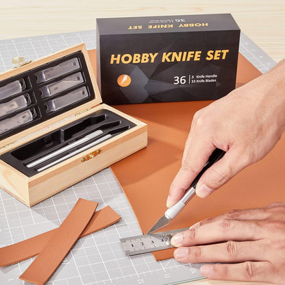 Precision Craft Hobby Knife Set (38pcs) with Wooden Chest, Razor Sharp Knives for Scrapbooking, Art Modeling, Sculpture, Wood&Leather Working- Fine Point, Scoring, Chiseling Blades