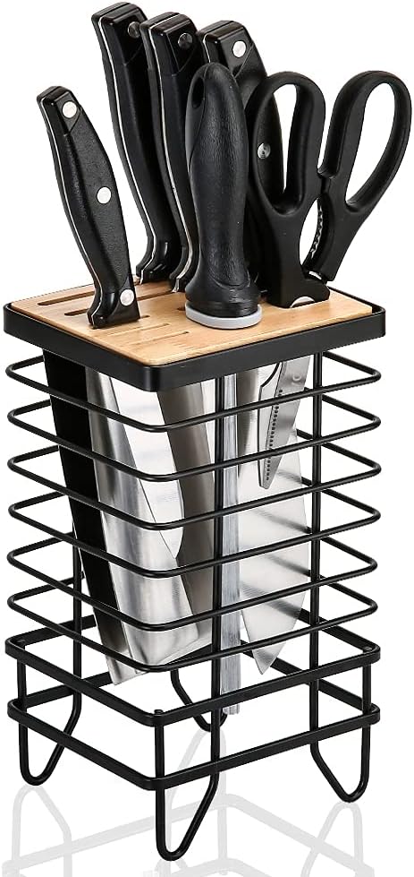 Knife Block Holder Universal Kitchen Knife Organizer Storage Stand 8 Slots Top Hollow Iron Wire Safe to Use Different Size Shape Knife Sharpeners Scissors Kitchen Countertop Black