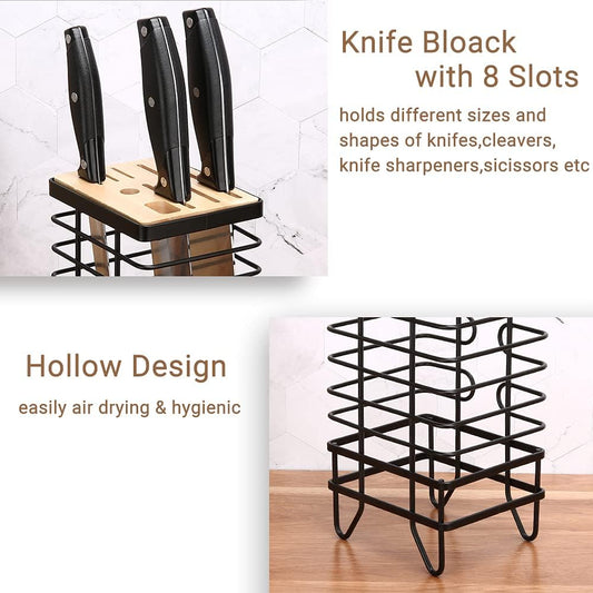 Knife Block Holder Universal Kitchen Knife Organizer Storage Stand 8 Slots Top Hollow Iron Wire Safe to Use Different Size Shape Knife Sharpeners Scissors Kitchen Countertop Black