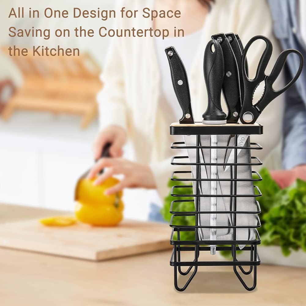 Knife Block Holder Universal Kitchen Knife Organizer Storage Stand 8 Slots Top Hollow Iron Wire Safe to Use Different Size Shape Knife Sharpeners Scissors Kitchen Countertop Black