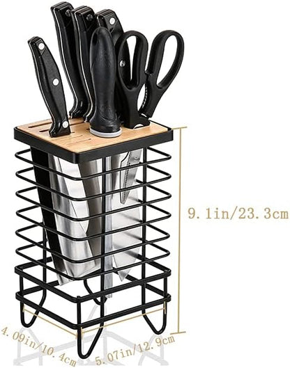 Knife Block Holder Universal Kitchen Knife Organizer Storage Stand 8 Slots Top Hollow Iron Wire Safe to Use Different Size Shape Knife Sharpeners Scissors Kitchen Countertop Black