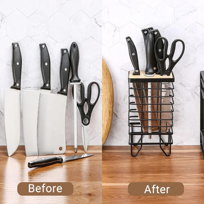Knife Block Holder Universal Kitchen Knife Organizer Storage Stand 8 Slots Top Hollow Iron Wire Safe to Use Different Size Shape Knife Sharpeners Scissors Kitchen Countertop Black