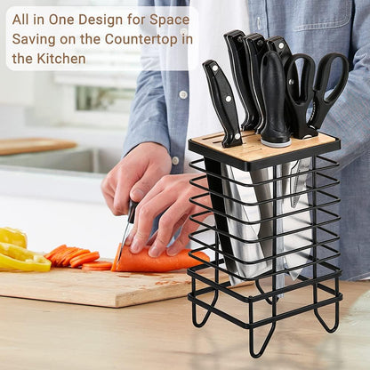 Knife Block Holder Universal Kitchen Knife Organizer Storage Stand 8 Slots Top Hollow Iron Wire Safe to Use Different Size Shape Knife Sharpeners Scissors Kitchen Countertop Black