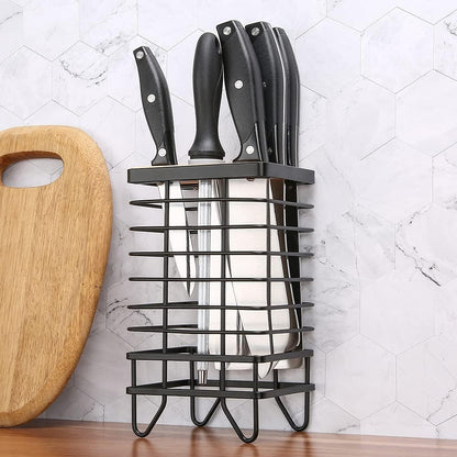 Knife Block Holder Universal Kitchen Knife Organizer Storage Stand 8 Slots Top Hollow Iron Wire Safe to Use Different Size Shape Knife Sharpeners Scissors Kitchen Countertop Black