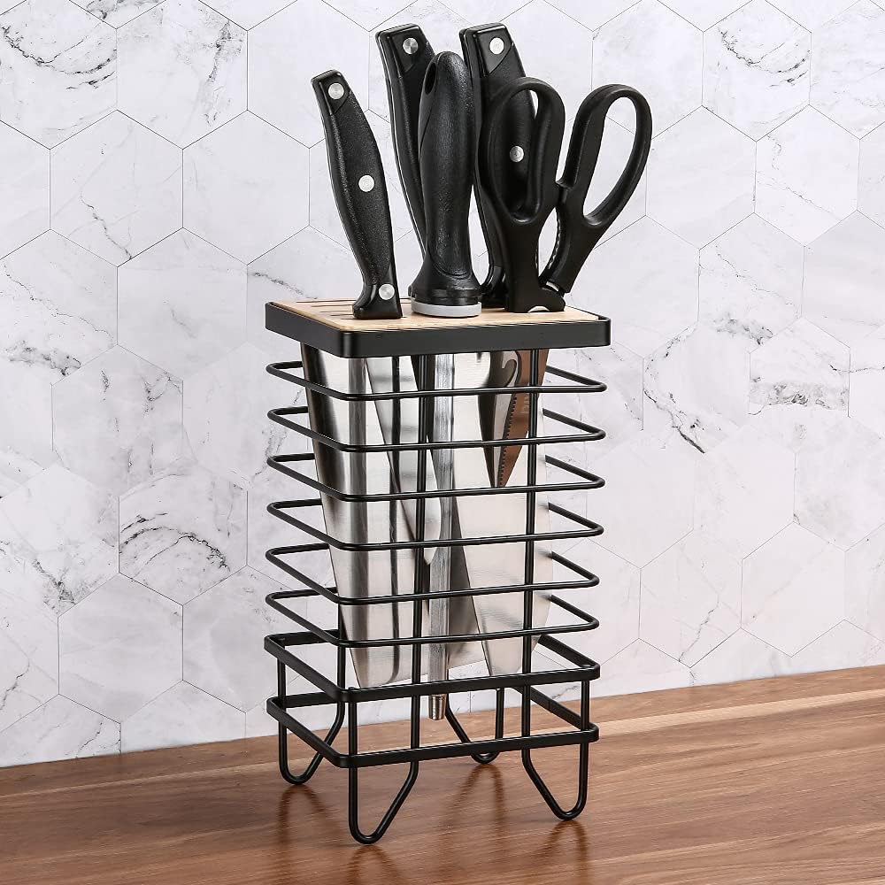 Knife Block Holder Universal Kitchen Knife Organizer Storage Stand 8 Slots Top Hollow Iron Wire Safe to Use Different Size Shape Knife Sharpeners Scissors Kitchen Countertop Black