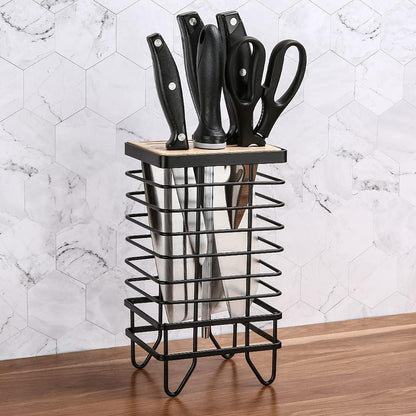 Knife Block Holder Universal Kitchen Knife Organizer Storage Stand 8 Slots Top Hollow Iron Wire Safe to Use Different Size Shape Knife Sharpeners Scissors Kitchen Countertop Black