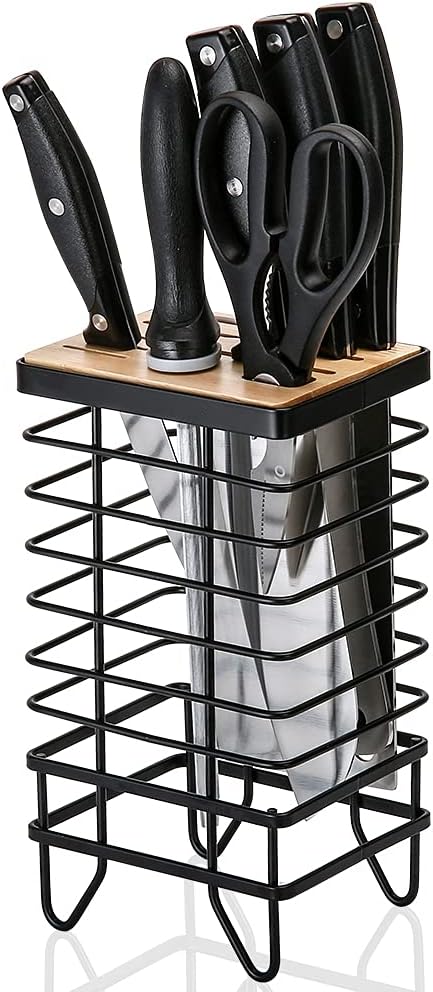 Knife Block Holder Universal Kitchen Knife Organizer Storage Stand 8 Slots Top Hollow Iron Wire Safe to Use Different Size Shape Knife Sharpeners Scissors Kitchen Countertop Black