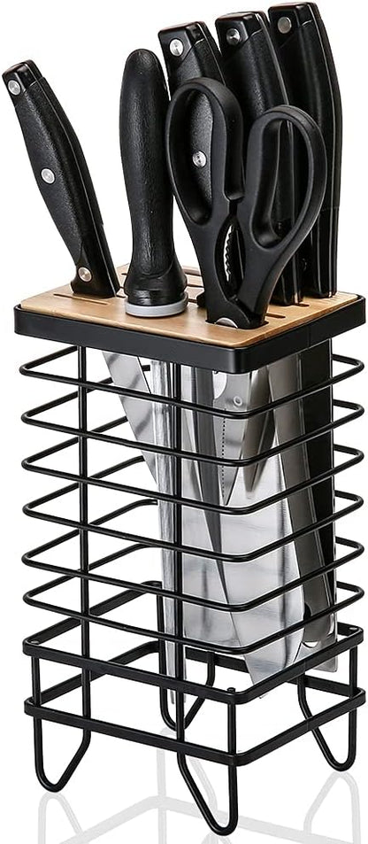 Knife Block Holder Universal Kitchen Knife Organizer Storage Stand 8 Slots Top Hollow Iron Wire Safe to Use Different Size Shape Knife Sharpeners Scissors Kitchen Countertop Black