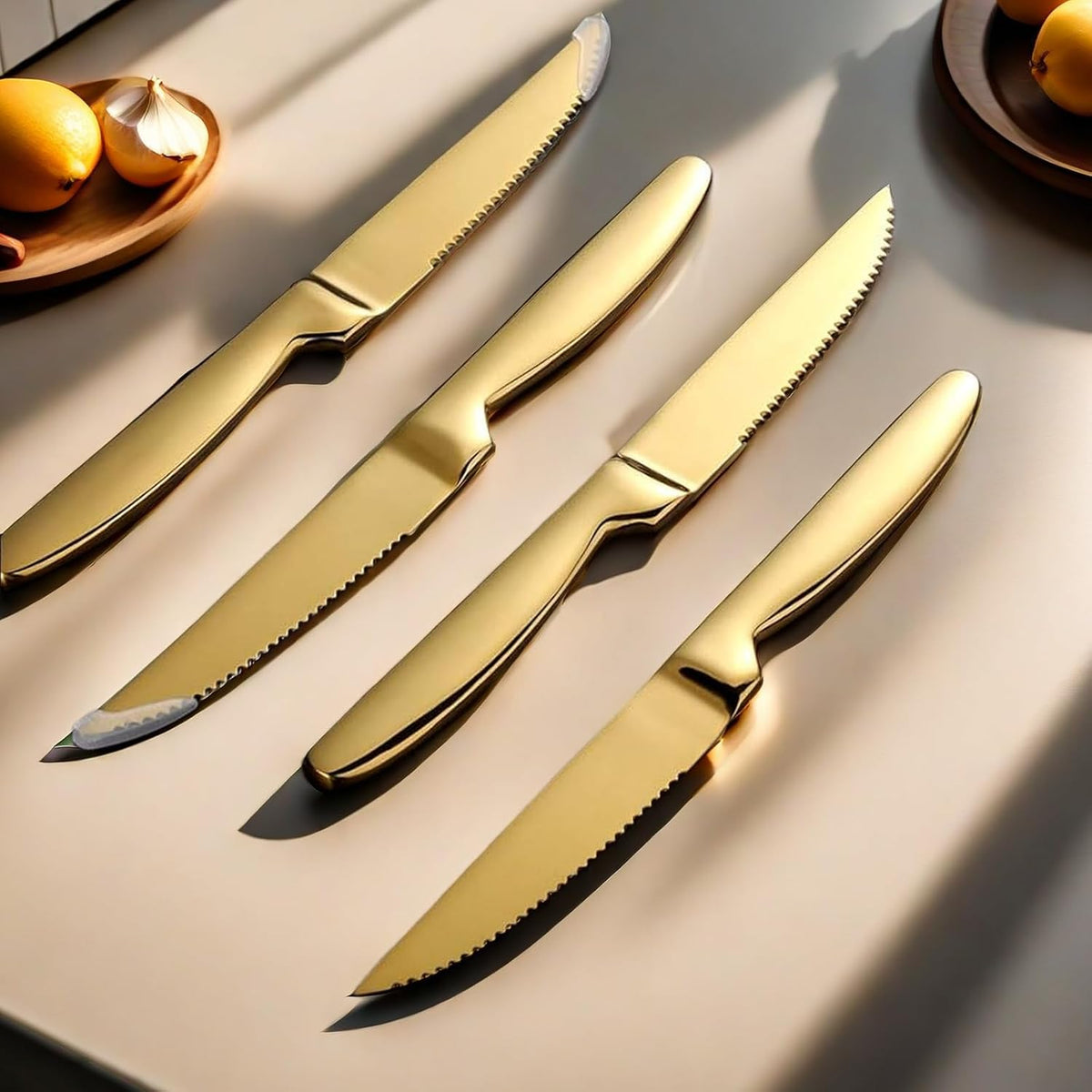 Serrated Steak Knives Set of 8, Stainless Steel 8.7 Inch Gold Steak Dinner Knives Set for Cutting Meat, Beef, Dishwasher Safe