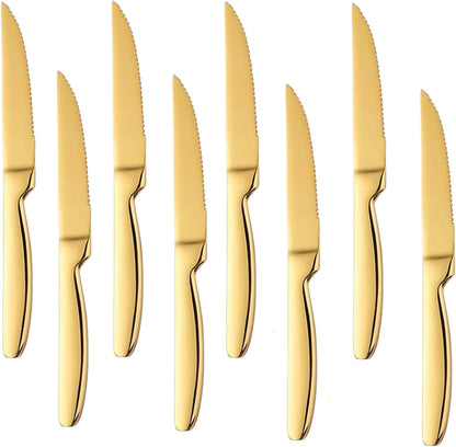 Serrated Steak Knives Set of 8, Stainless Steel 8.7 Inch Gold Steak Dinner Knives Set for Cutting Meat, Beef, Dishwasher Safe