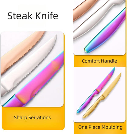 Serrated Steak Knives Set of 8, Stainless Steel 8.7 Inch Gold Steak Dinner Knives Set for Cutting Meat, Beef, Dishwasher Safe