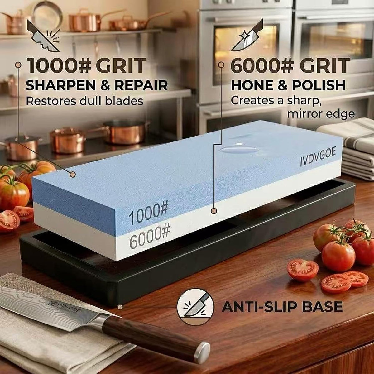 2 Non-Slip Rubber Bases Whetstone Knife Sharpener, 1000/6000 Grit Dual-Sided Waterstone, Corundum Sharpening Stone
