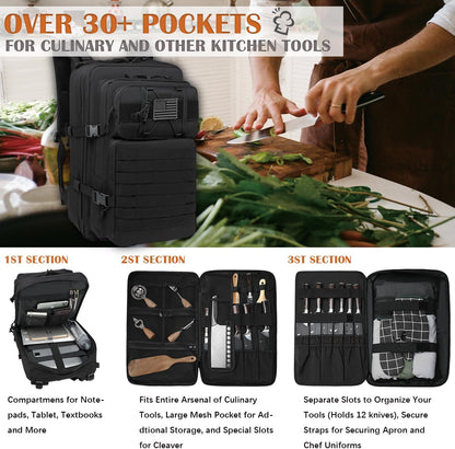 Chef Knife Backpack, Knife Bags for Chefs Professional Culinary Apprentice | Chef Storage Bag 30+ Pockets for Knives and Tools