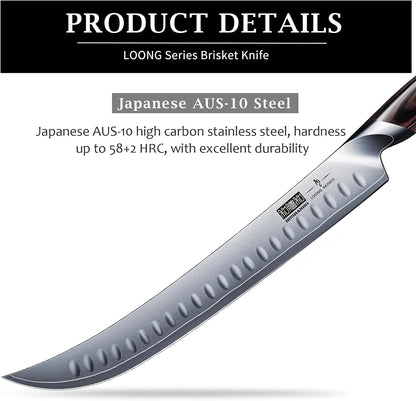 Carving Slicing Knife, 12 Inch Razor Sharp Japanese Brisket Knife | Japanese High Carbon Steel Curved Butcher Breaking Knives with Ergonomic Handle, Professional Butcher Knife for Meat Cutting