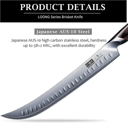 Carving Slicing Knife, 12 Inch Razor Sharp Japanese Brisket Knife | Japanese High Carbon Steel Curved Butcher Breaking Knives with Ergonomic Handle, Professional Butcher Knife for Meat Cutting