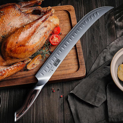 Carving Slicing Knife, 12 Inch Razor Sharp Japanese Brisket Knife | Japanese High Carbon Steel Curved Butcher Breaking Knives with Ergonomic Handle, Professional Butcher Knife for Meat Cutting
