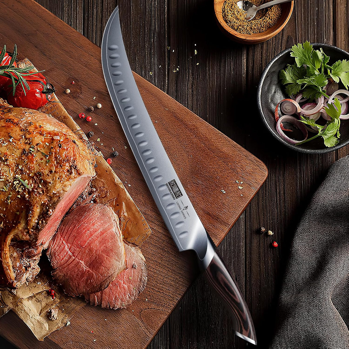 Carving Slicing Knife, 12 Inch Razor Sharp Japanese Brisket Knife | Japanese High Carbon Steel Curved Butcher Breaking Knives with Ergonomic Handle, Professional Butcher Knife for Meat Cutting