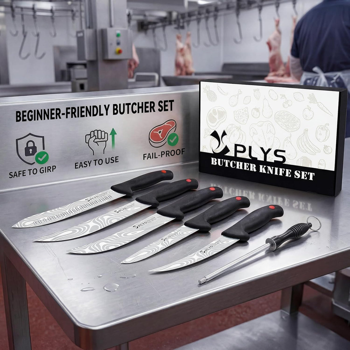 Plys 7-Piece Butcher Knife Set for Meat Processing, BBQ Boning Chicken Tool | Suitable for Chicken, Beef, and Pork, Comfortable Anti-slip Handle, Beginner Home Kitchen Use.