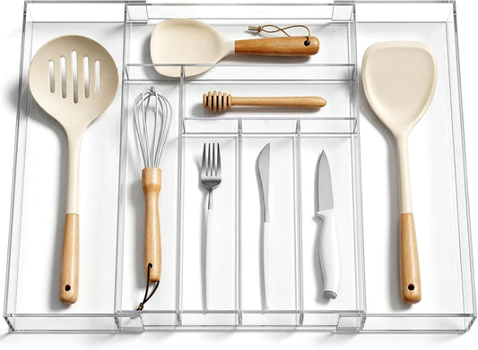 1 Pack Expandable Kitchen Drawer Organizer Clear Acrylic Utensil Organizer Adjustable Acrylic Silverware Storage for Drawers Silverware Flatware Knives (12 x 16 Inches,6-8 Compartments)