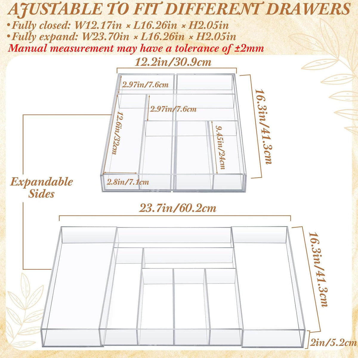 1 Pack Expandable Kitchen Drawer Organizer Clear Acrylic Utensil Organizer Adjustable Acrylic Silverware Storage for Drawers Silverware Flatware Knives (12 x 16 Inches,6-8 Compartments)