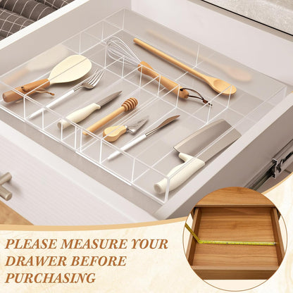 1 Pack Expandable Kitchen Drawer Organizer Clear Acrylic Utensil Organizer Adjustable Acrylic Silverware Storage for Drawers Silverware Flatware Knives (12 x 16 Inches,6-8 Compartments)