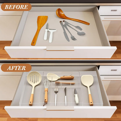 1 Pack Expandable Kitchen Drawer Organizer Clear Acrylic Utensil Organizer Adjustable Acrylic Silverware Storage for Drawers Silverware Flatware Knives (12 x 16 Inches,6-8 Compartments)