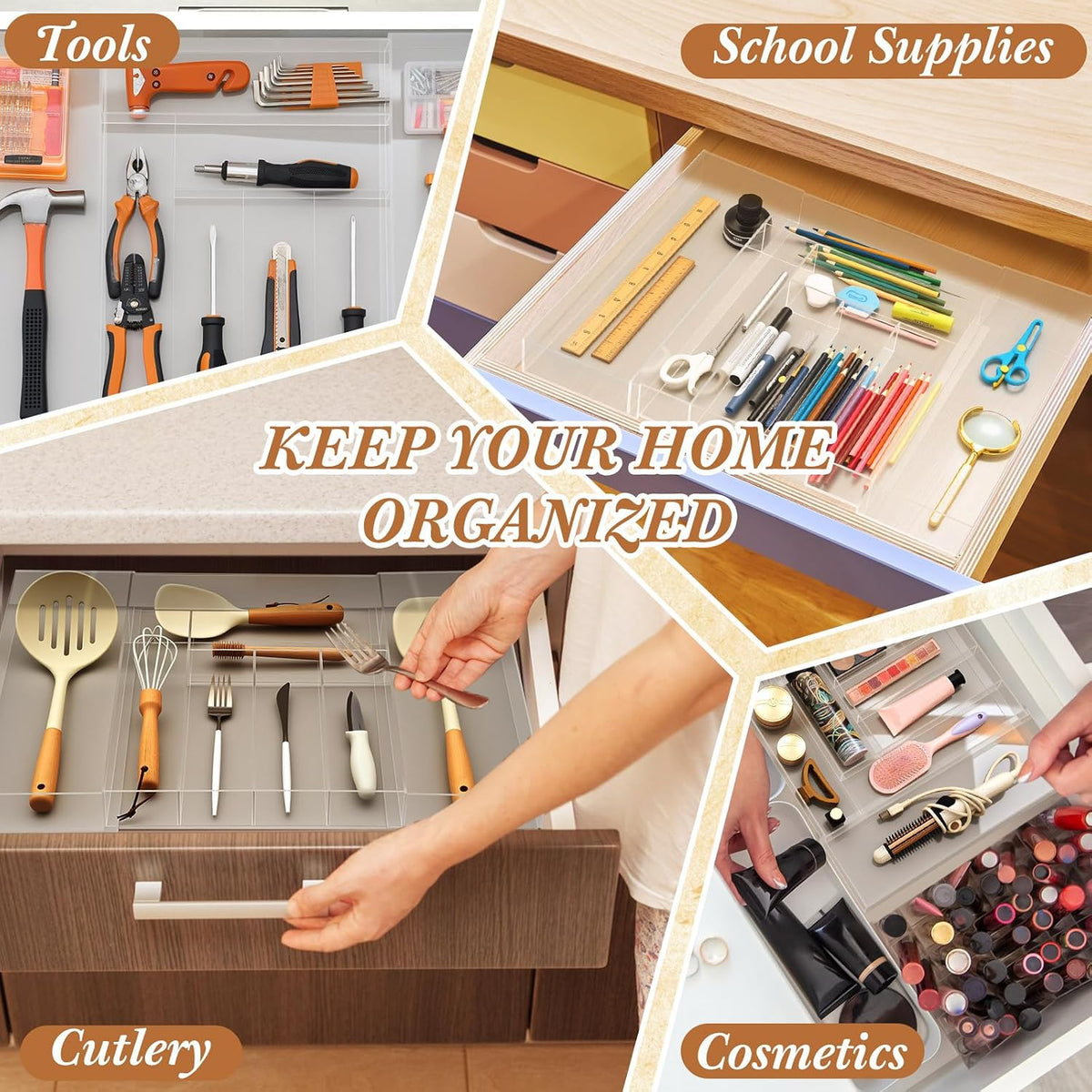 1 Pack Expandable Kitchen Drawer Organizer Clear Acrylic Utensil Organizer Adjustable Acrylic Silverware Storage for Drawers Silverware Flatware Knives (12 x 16 Inches,6-8 Compartments)