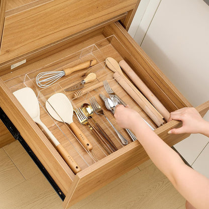 1 Pack Expandable Kitchen Drawer Organizer Clear Acrylic Utensil Organizer Adjustable Acrylic Silverware Storage for Drawers Silverware Flatware Knives (12 x 16 Inches,6-8 Compartments)