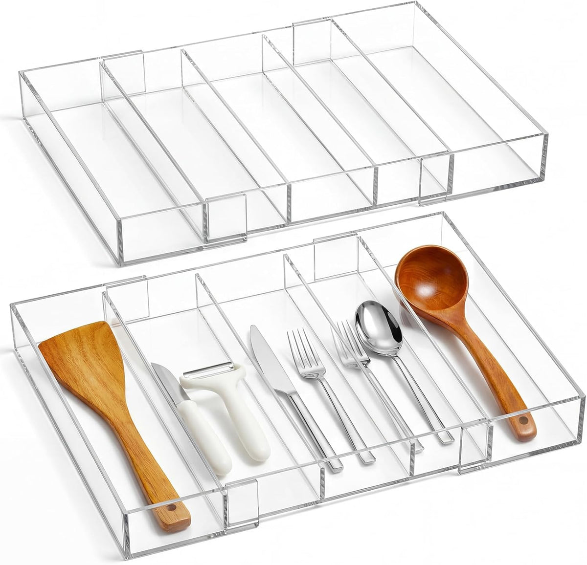 1 Pack Expandable Kitchen Drawer Organizer Clear Acrylic Utensil Organizer Adjustable Acrylic Silverware Storage for Drawers Silverware Flatware Knives (12 x 16 Inches,6-8 Compartments)