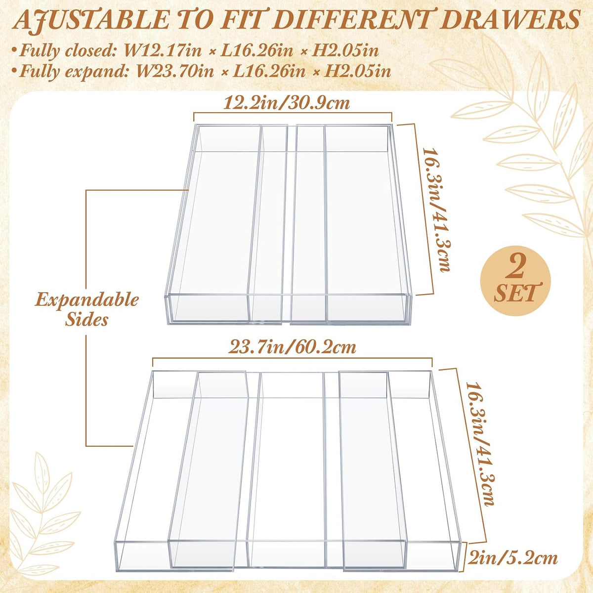 1 Pack Expandable Kitchen Drawer Organizer Clear Acrylic Utensil Organizer Adjustable Acrylic Silverware Storage for Drawers Silverware Flatware Knives (12 x 16 Inches,6-8 Compartments)