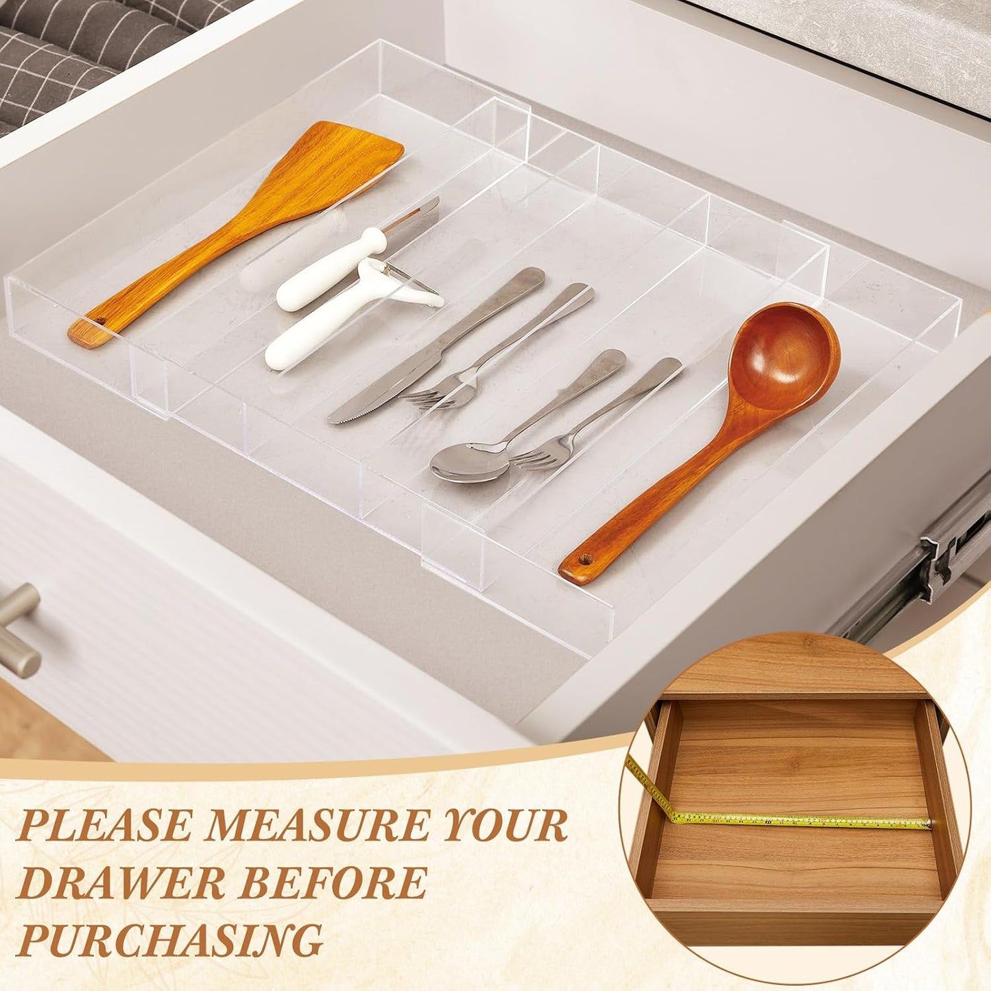 1 Pack Expandable Kitchen Drawer Organizer Clear Acrylic Utensil Organizer Adjustable Acrylic Silverware Storage for Drawers Silverware Flatware Knives (12 x 16 Inches,6-8 Compartments)