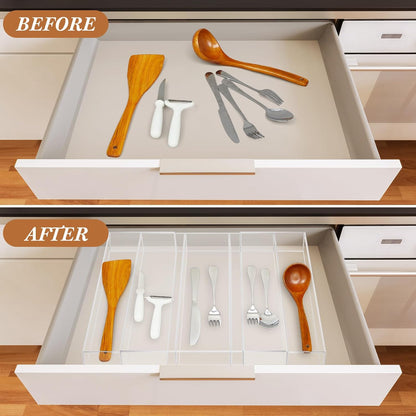 1 Pack Expandable Kitchen Drawer Organizer Clear Acrylic Utensil Organizer Adjustable Acrylic Silverware Storage for Drawers Silverware Flatware Knives (12 x 16 Inches,6-8 Compartments)
