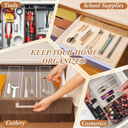 1 Pack Expandable Kitchen Drawer Organizer Clear Acrylic Utensil Organizer Adjustable Acrylic Silverware Storage for Drawers Silverware Flatware Knives (12 x 16 Inches,6-8 Compartments)