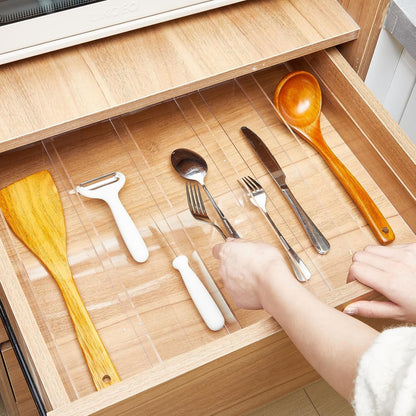1 Pack Expandable Kitchen Drawer Organizer Clear Acrylic Utensil Organizer Adjustable Acrylic Silverware Storage for Drawers Silverware Flatware Knives (12 x 16 Inches,6-8 Compartments)