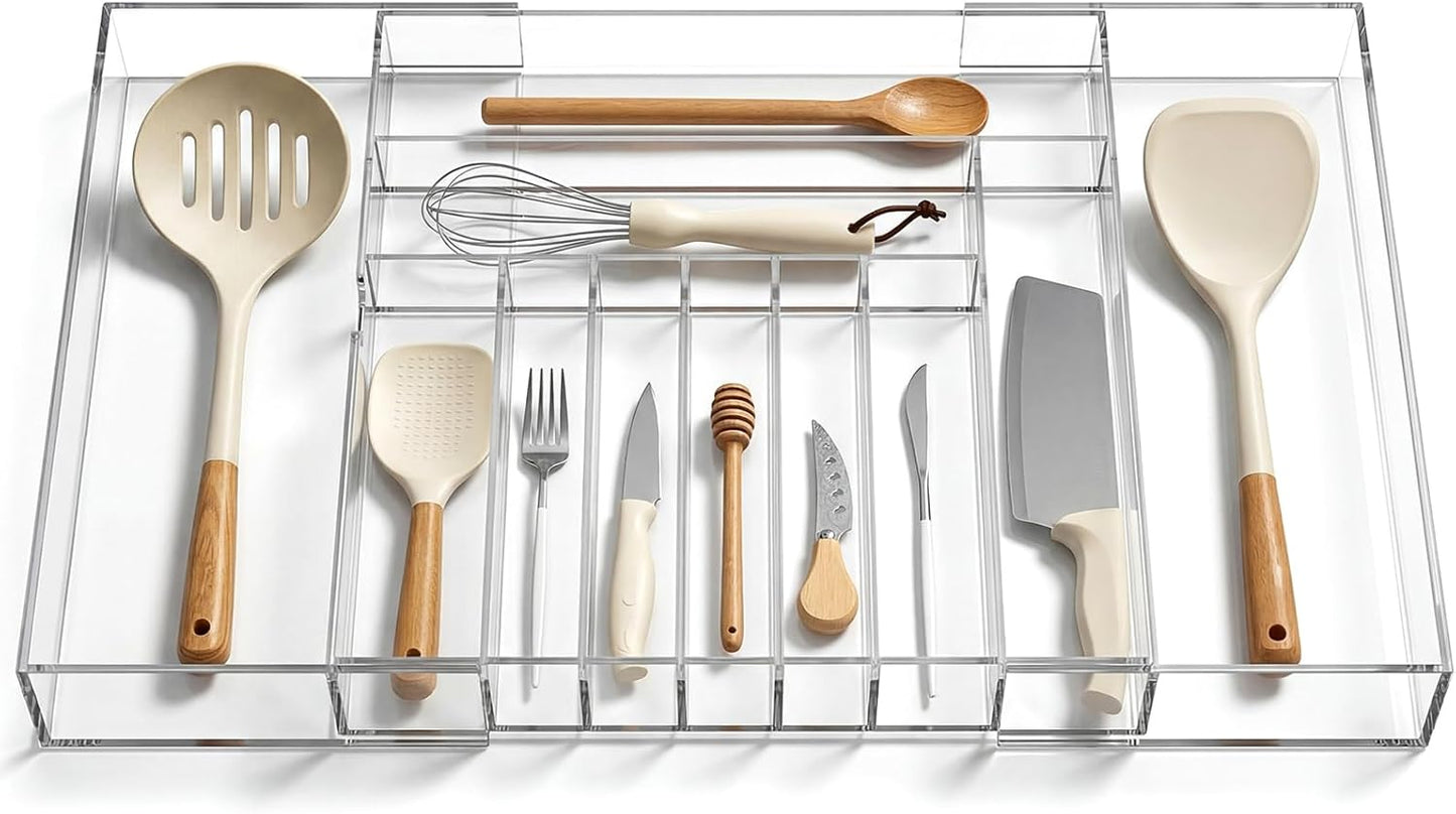 1 Pack Expandable Kitchen Drawer Organizer Clear Acrylic Utensil Organizer Adjustable Acrylic Silverware Storage for Drawers Silverware Flatware Knives (12 x 16 Inches,6-8 Compartments)