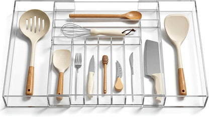 1 Pack Expandable Kitchen Drawer Organizer Clear Acrylic Utensil Organizer Adjustable Acrylic Silverware Storage for Drawers Silverware Flatware Knives (12 x 16 Inches,6-8 Compartments)