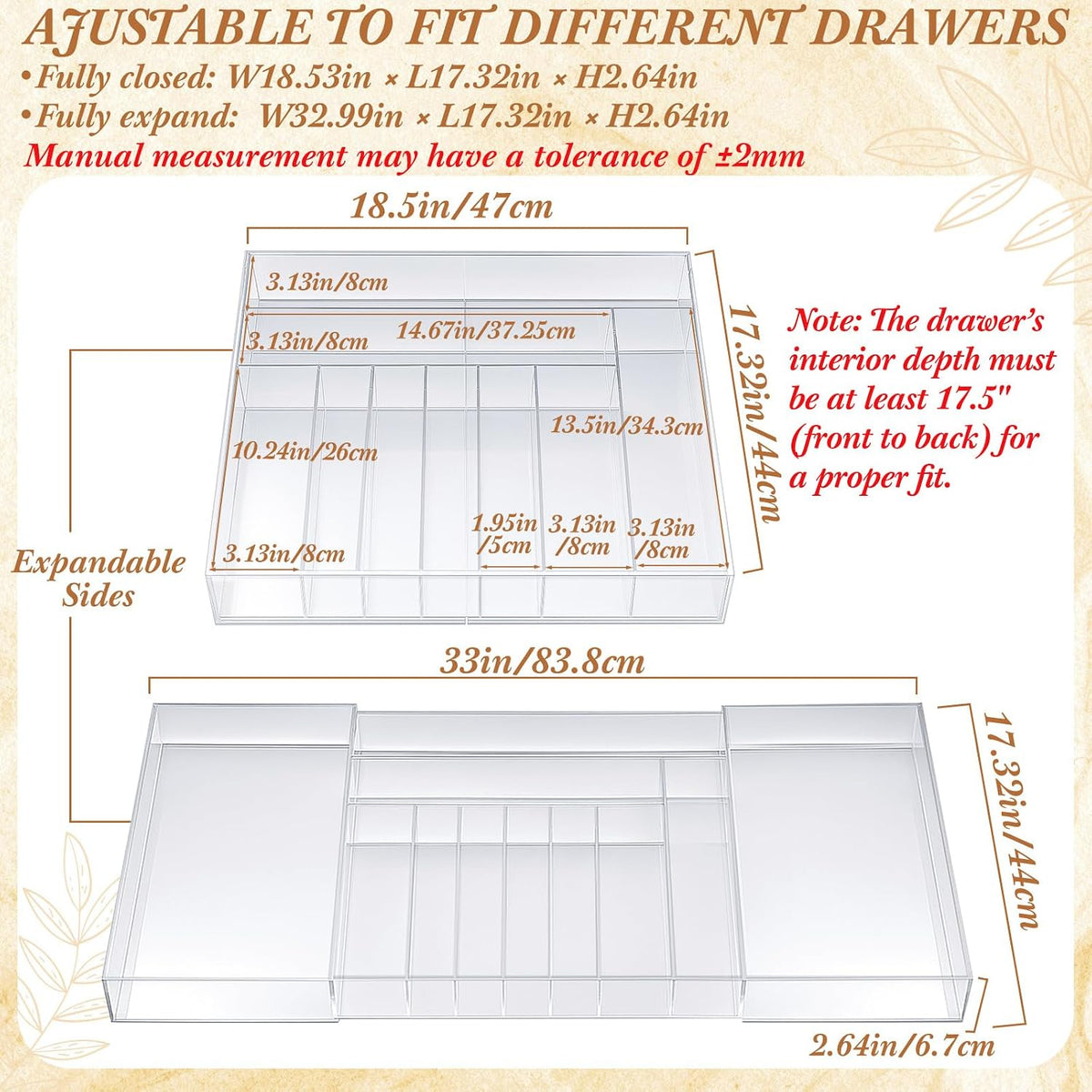 1 Pack Expandable Kitchen Drawer Organizer Clear Acrylic Utensil Organizer Adjustable Acrylic Silverware Storage for Drawers Silverware Flatware Knives (12 x 16 Inches,6-8 Compartments)