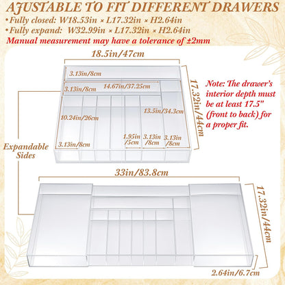 1 Pack Expandable Kitchen Drawer Organizer Clear Acrylic Utensil Organizer Adjustable Acrylic Silverware Storage for Drawers Silverware Flatware Knives (12 x 16 Inches,6-8 Compartments)