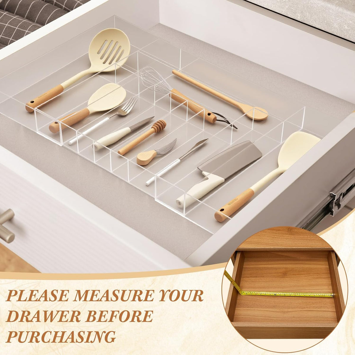 1 Pack Expandable Kitchen Drawer Organizer Clear Acrylic Utensil Organizer Adjustable Acrylic Silverware Storage for Drawers Silverware Flatware Knives (12 x 16 Inches,6-8 Compartments)