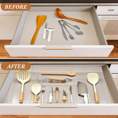 1 Pack Expandable Kitchen Drawer Organizer Clear Acrylic Utensil Organizer Adjustable Acrylic Silverware Storage for Drawers Silverware Flatware Knives (12 x 16 Inches,6-8 Compartments)
