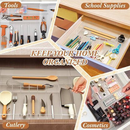 1 Pack Expandable Kitchen Drawer Organizer Clear Acrylic Utensil Organizer Adjustable Acrylic Silverware Storage for Drawers Silverware Flatware Knives (12 x 16 Inches,6-8 Compartments)