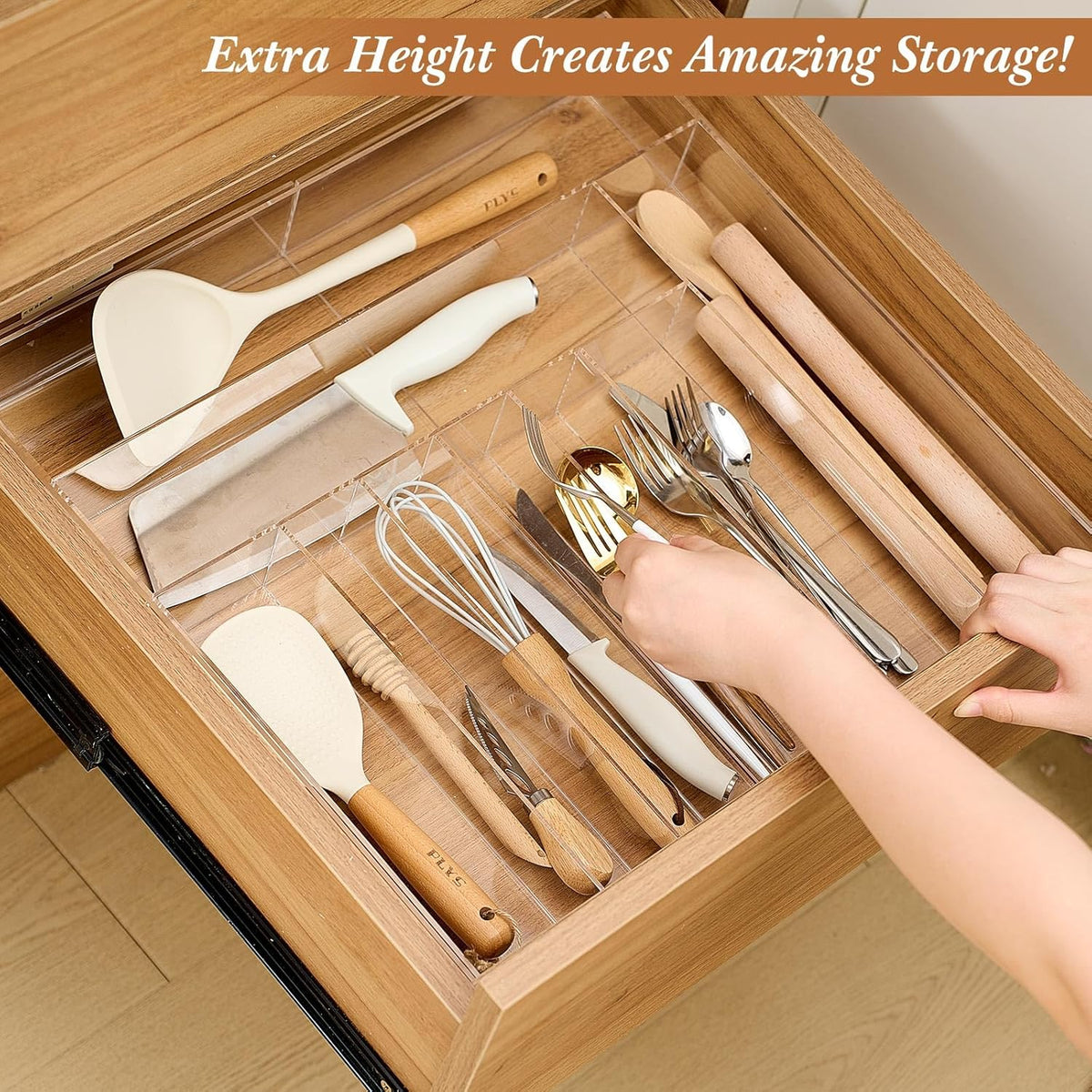 1 Pack Expandable Kitchen Drawer Organizer Clear Acrylic Utensil Organizer Adjustable Acrylic Silverware Storage for Drawers Silverware Flatware Knives (12 x 16 Inches,6-8 Compartments)