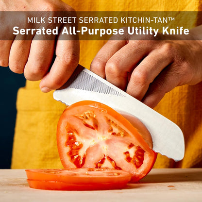 Milk Street Kitchin-tan Serrated Utility Knife, 5.5-Inch Japanese-Style Sandwich & Tomato Knife – Razor-Sharp, Stay-Sharp Blade for Bread, Veggies & Fruits, Comfortable Non-Slip Handle