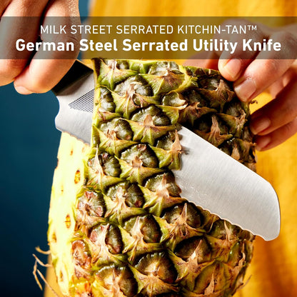 Milk Street Kitchin-tan Serrated Utility Knife, 5.5-Inch Japanese-Style Sandwich & Tomato Knife – Razor-Sharp, Stay-Sharp Blade for Bread, Veggies & Fruits, Comfortable Non-Slip Handle
